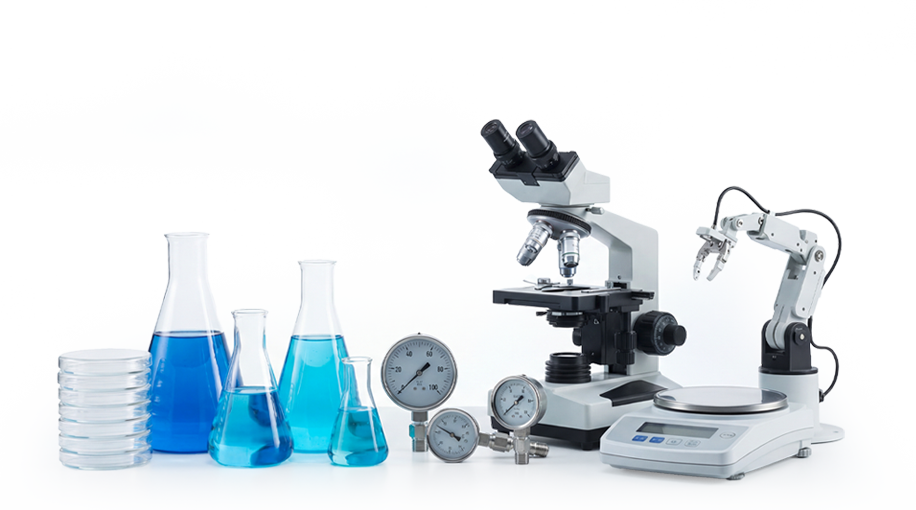 Lab beakers, petri dishes, gauges, a microscope, scale and robotic arm in varying shades of blue and gray