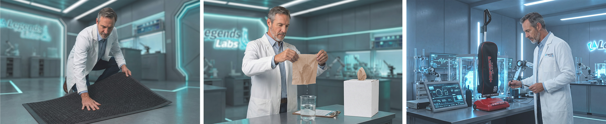 Lex Bridges in the Legends Labs laboratory with a floor mat, disposable wipers and a vacuum