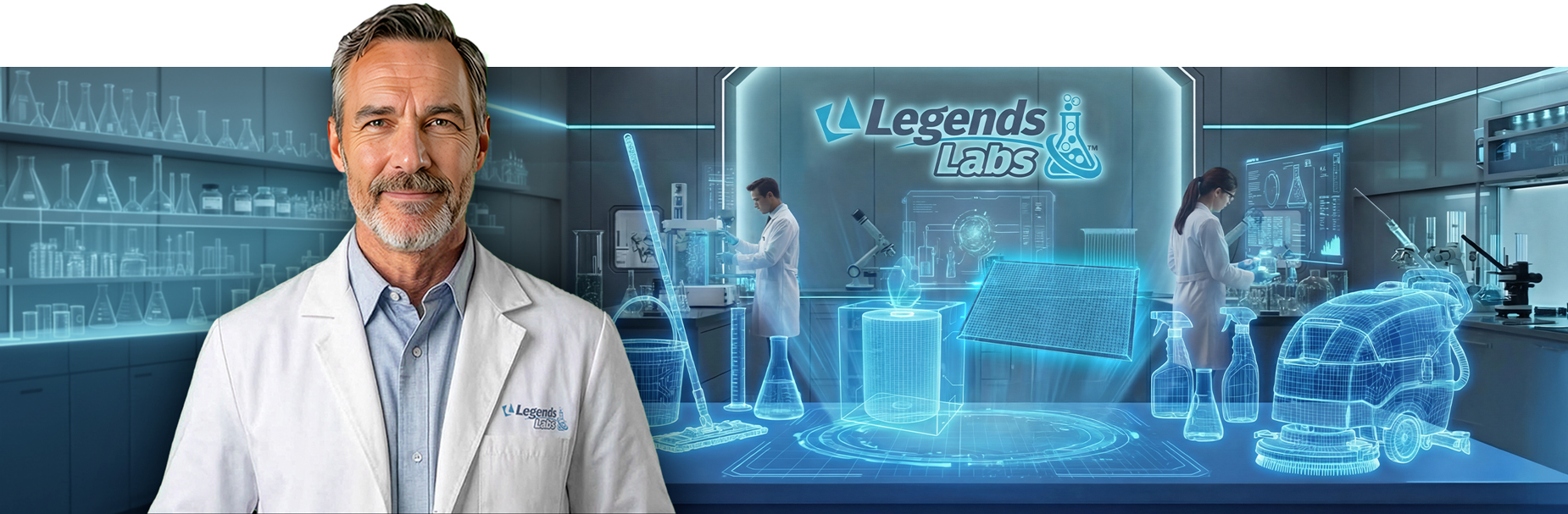 Lex Bridges standing in front of the Legends Labs laboratory. Facility supplies are projected holographically on the counter behind him and a team is conducting experiments in the background.