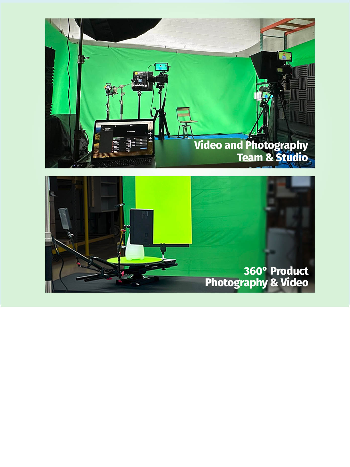 Legends video and photography team and studio, including 360-degree product photography and video