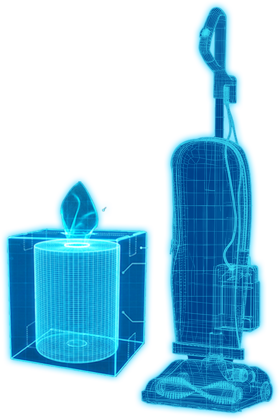 A holographic projection of a box of wipers and a vacuum in the style of blueprint imagery